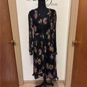Steve Madden Black Pink Floral Chiffon Ruffle Long Sleeve Midi Dress S NWT